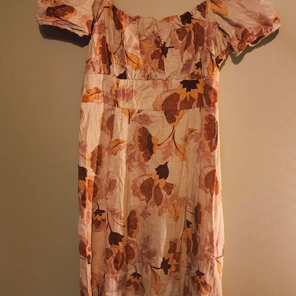 London Times Cream Floral Off-Shoulder Midi Dress with Brown and Pink Accents